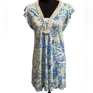 Lilly Pulitzer Zandra Dress Bennett Blue Salty Seas Fringe XXS Tropical Beachy